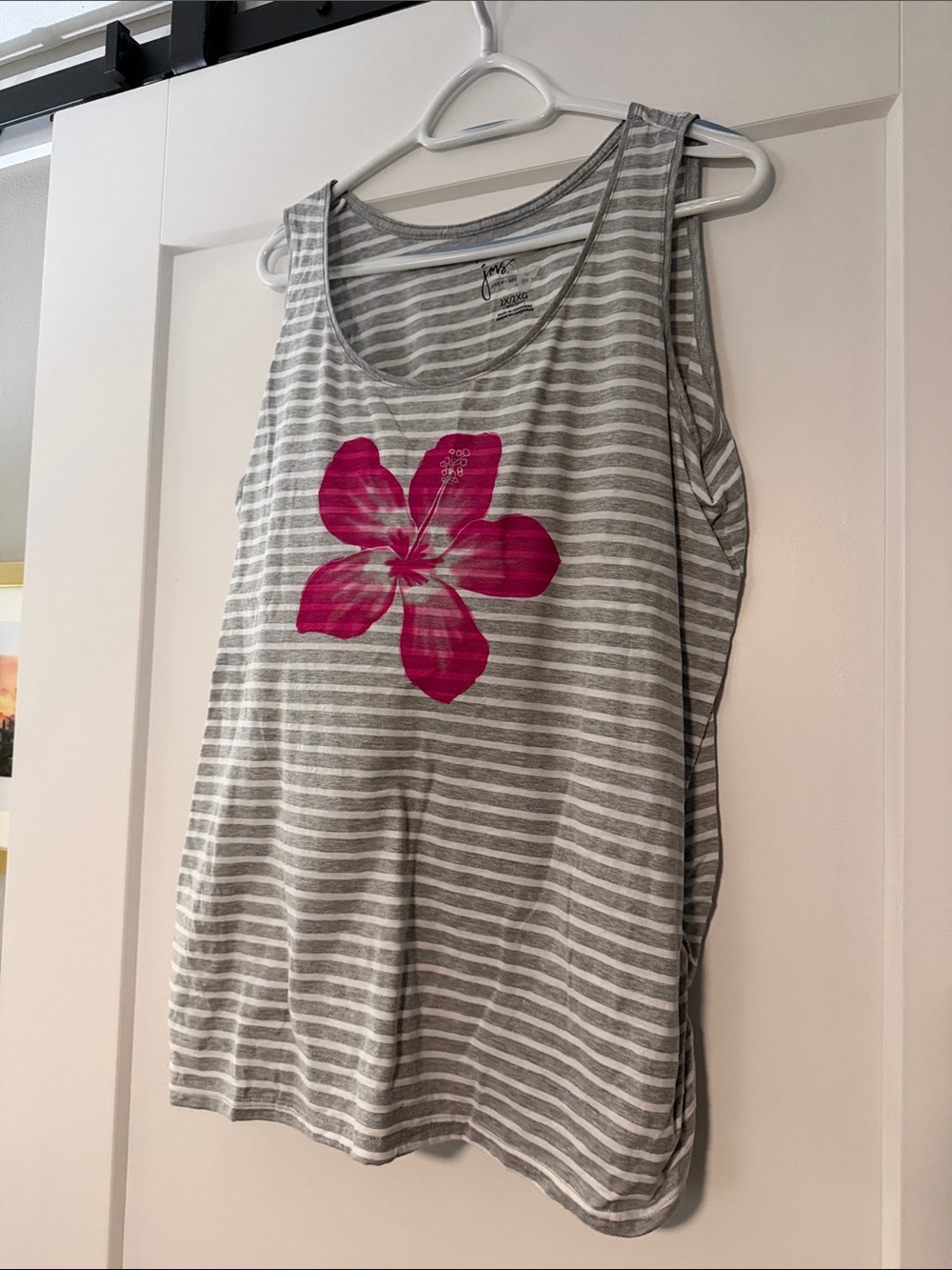 Grey & White Striped Tank Top with Pink Floral Print